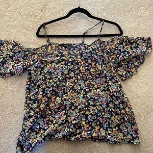 Sheer black and floral top! Strips and off the shoulder sleeve!